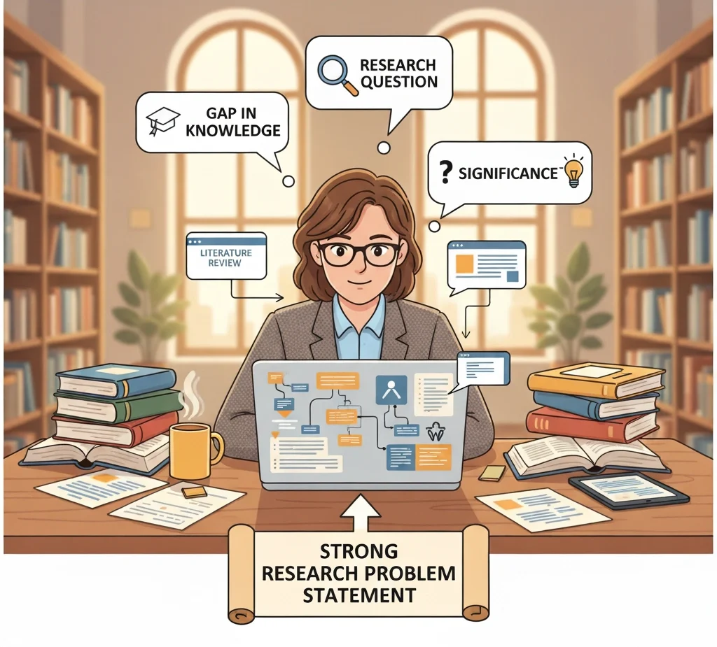 Thought bubbles showing keywords like 'gap in knowledge', 'research question', 'significance', and 'objectives'.