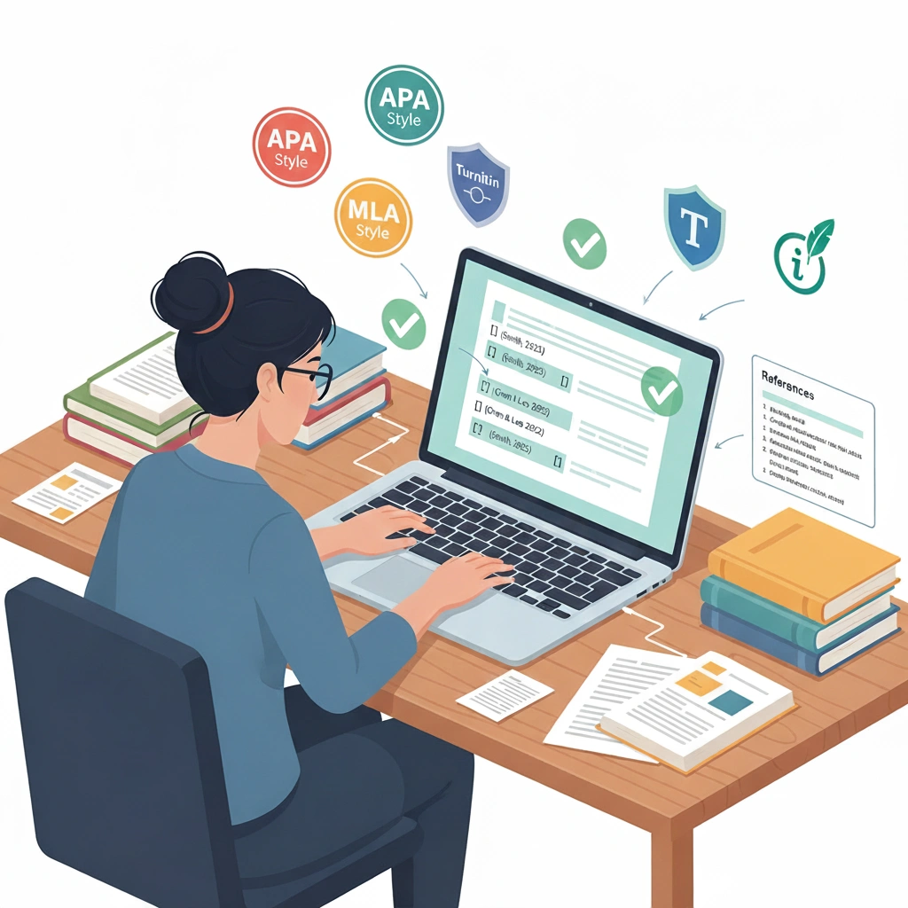 Researcher is surrounded by books, papers, and a laptop showing a research manuscript