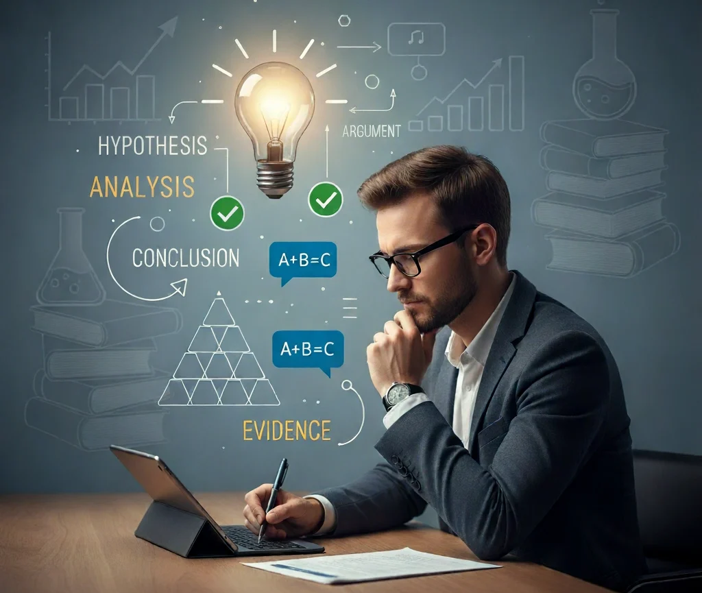An academic-themed digital illustration showing a researcher writing a research paper at a desk, with floating words and symbols representing language, logic, and persuasion (e.g., arrows, checkmarks, speech bubbles, structured paragraphs)