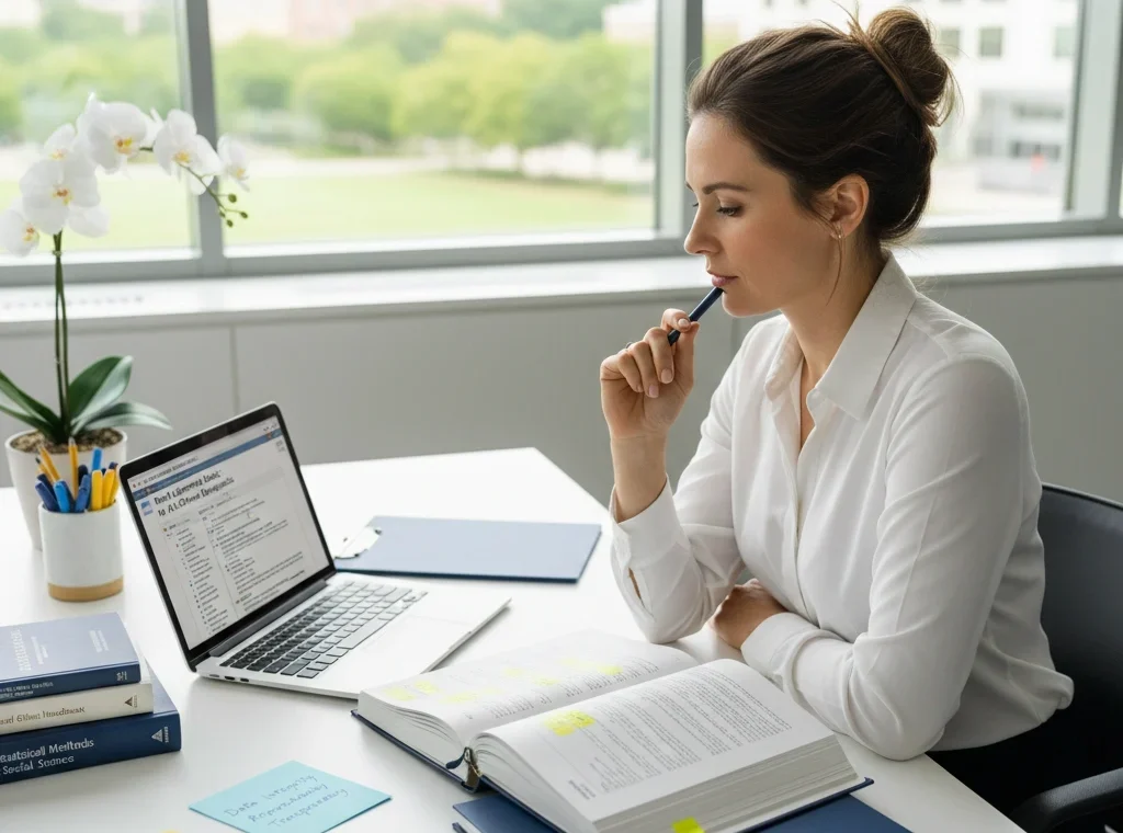 Professional researcher thoughtfully reviewing a thesis and laptop with ethical guidelines, symbolizing academic integrity.