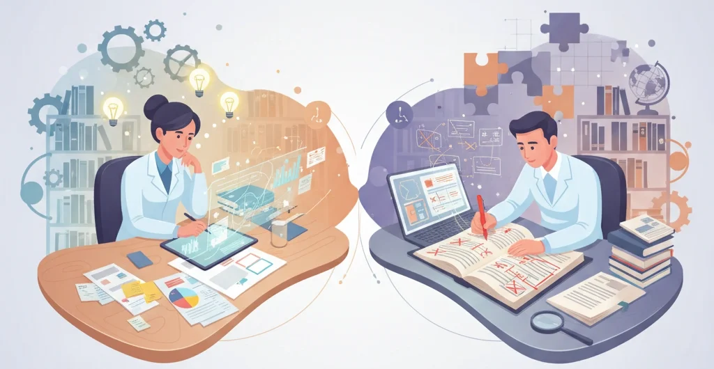 A conceptual and professional illustration showing the two stages of research paper preparation: writing and editing. On the left, a researcher is brainstorming ideas and writing on a desk with papers, charts, and notes, representing creativity and idea development.