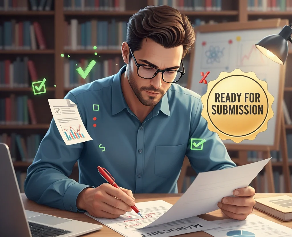 A professional illustration of a researcher at a desk reviewing a manuscript with a red pen and notes, showing careful editing and proofreading. Floating elements like checkmarks, grammar symbols, and polished pages surround the researcher, symbolizing clarity, precision, and readiness for journal submission.