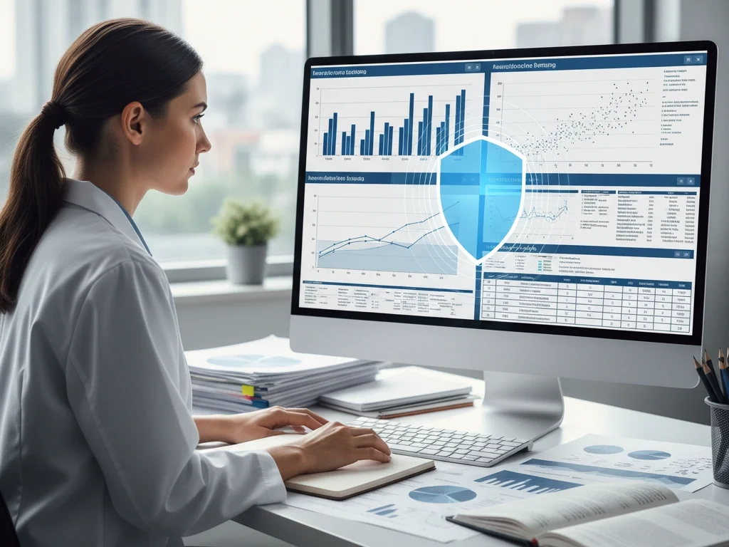 Researcher analyzing data visualizations with a digital shield overlay, symbolising data integrity