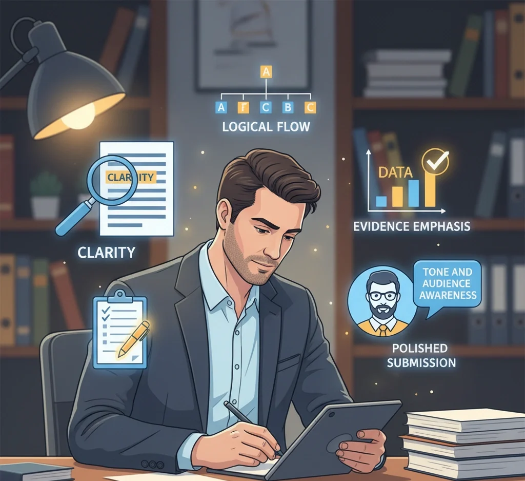 a researcher or academic at a desk surrounded by floating icons representing key persuasive writing strategies: clarity (magnifying glass over text), logical flow (connected arrows or flowcharts), evidence emphasis (highlighted charts or graphs), tone and audience awareness (speech bubbles with different personas), and polished submission (checklist and pen)