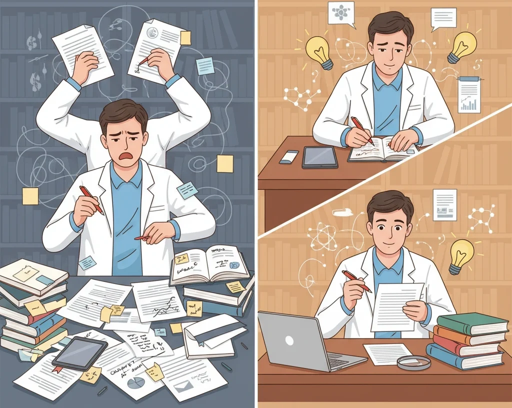 the contrast between concurrent writing and editing versus separated stages. On one side, a researcher is juggling writing and editing at the same time, looking stressed, with scattered papers and overlapping notes, symbolizing lost focus and slowed momentum. On the other side, a calm researcher is first writing, surrounded by creative notes and ideas, and then editing separately, carefully refining the manuscript with a red pen, showing clarity and efficiency.