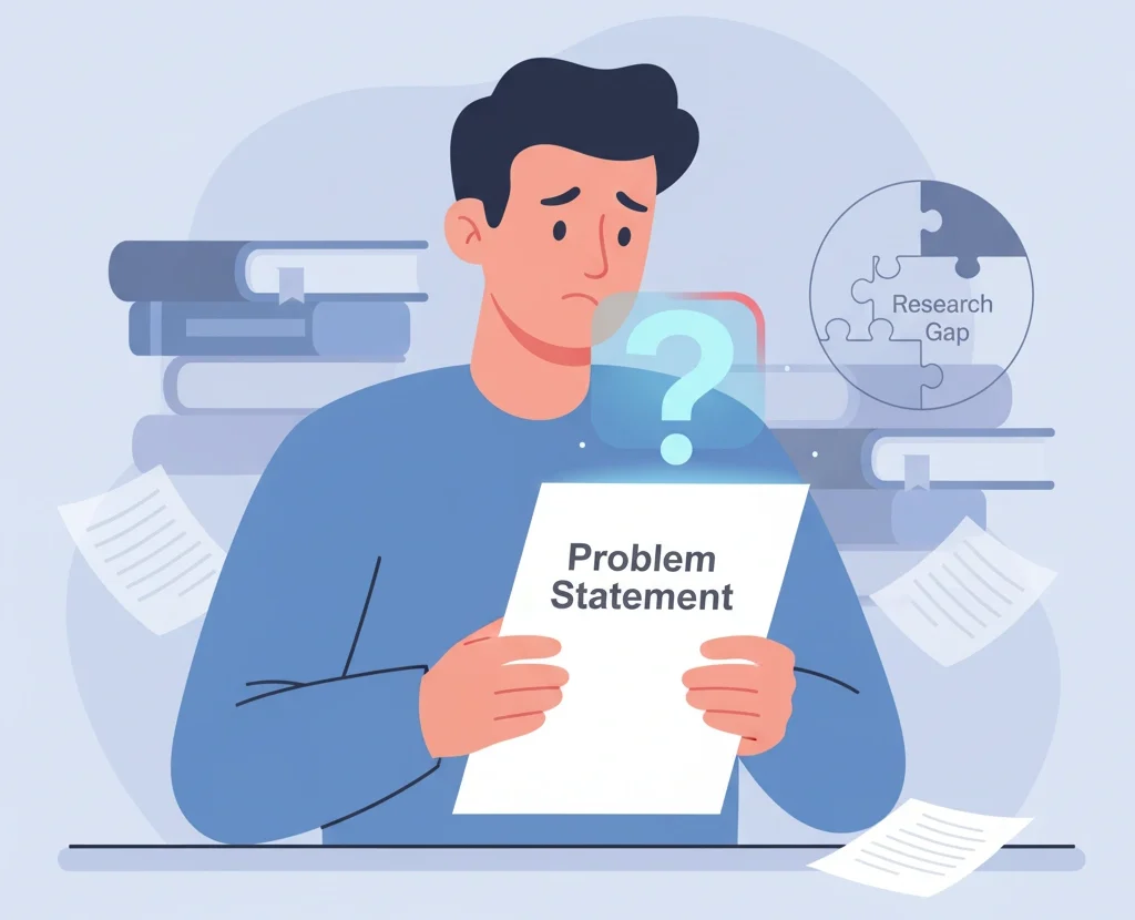 An academic illustration showing a confused researcher looking at a question mark hovering over a research paper labeled ‘Problem Statement’