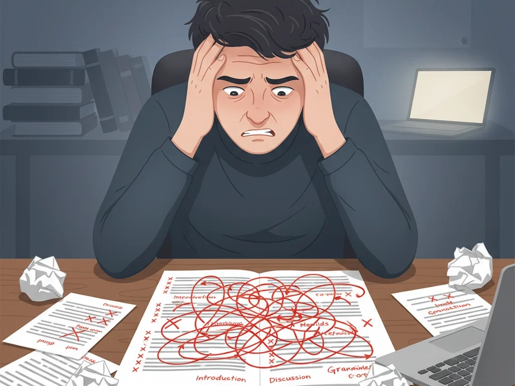 An academic illustration showing a frustrated researcher sitting at a desk surrounded by scattered papers filled with red marks, crossed-out sentences, and grammatical corrections.