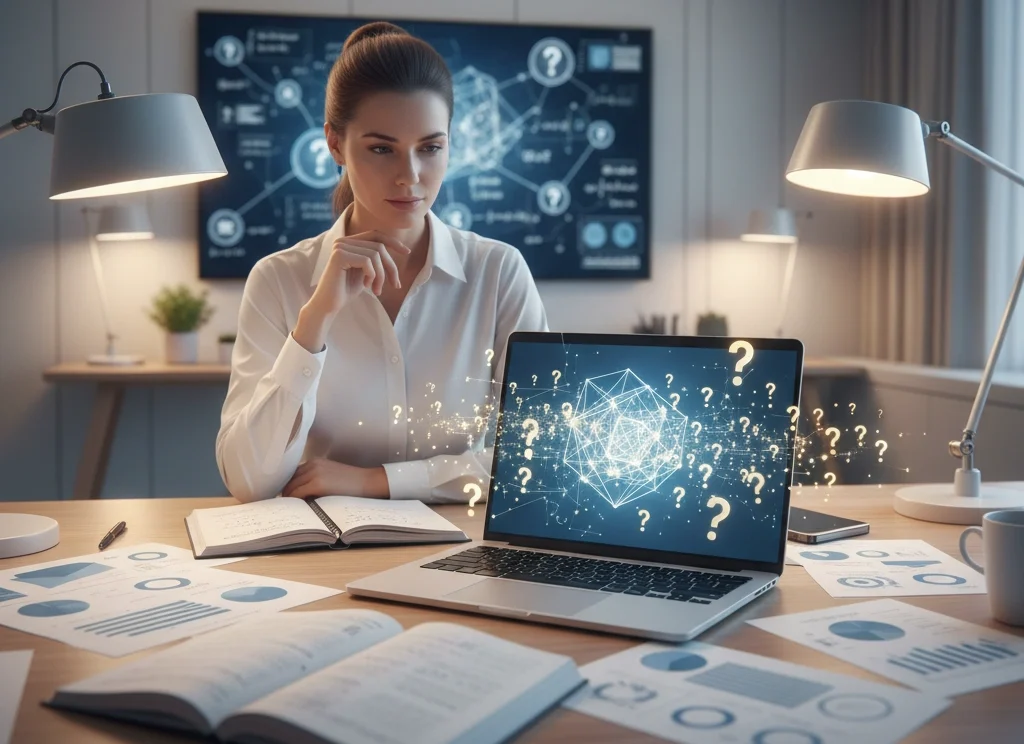 A thoughtful researcher sits at a desk surrounded by notebooks, data charts, and a laptop showing a 3D model structure forming from abstract question marks. .