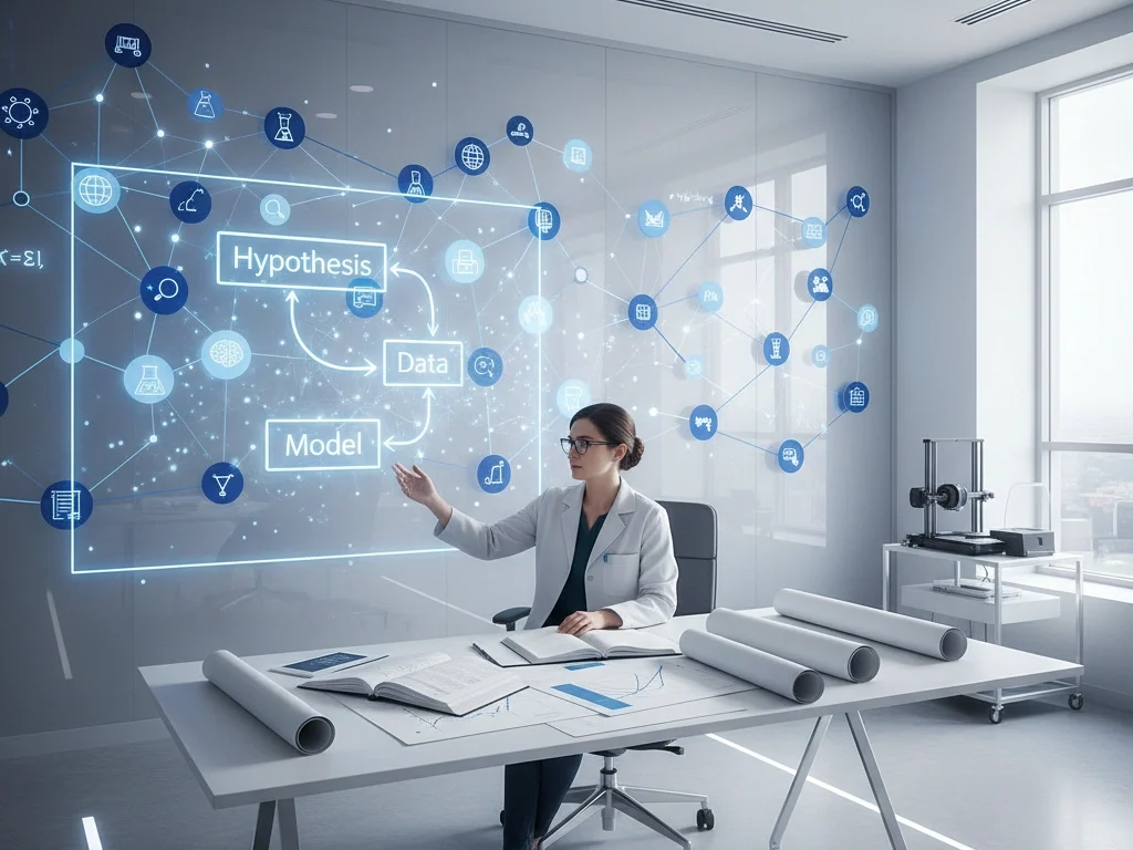 a researcher or scientist surrounded by notebooks, charts, and a digital whiteboard displaying a flow from “Hypothesis” → “Data” → “Model