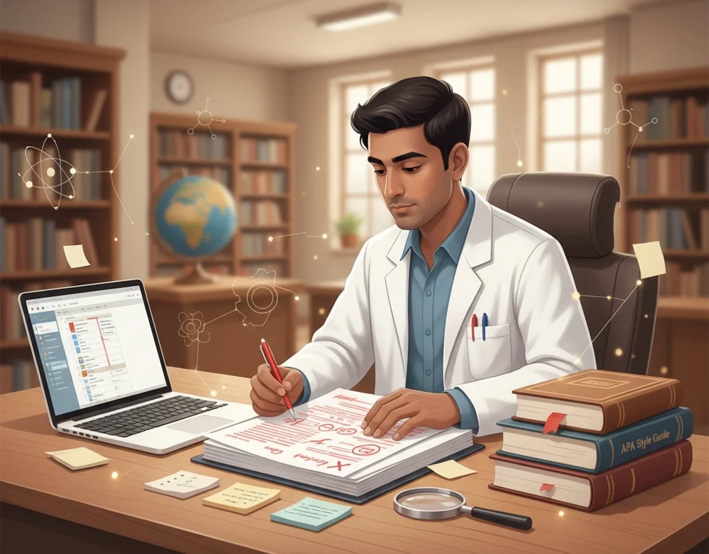 An academic and professional illustration representing the revising/editing stage of a research paper. A researcher is carefully reviewing a manuscript on a desk, with a red pen in hand, making corrections, reorganizing paragraphs, and enhancing clarity.