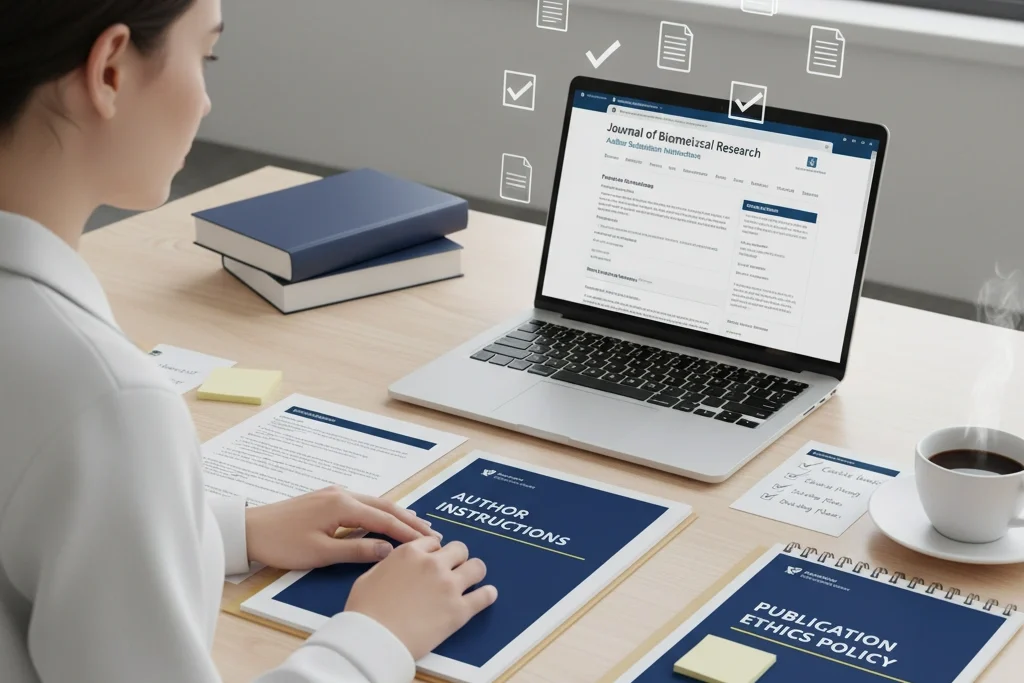 Researcher carefully reviewing journal submission guidelines and 'Publication Ethics Policy' documents on a modern desk, symbolising professionalism and diligence.