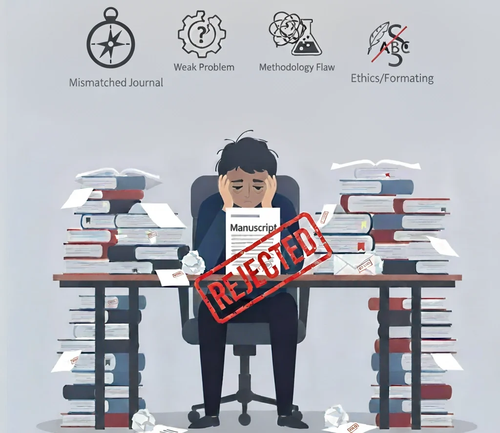 An academic-themed illustration showing a stressed researcher sitting at a desk surrounded by stacks of papers and rejection letters. A large document labeled ‘Manuscript’ is marked with a red stamp ‘Rejected’. In the background, five icons represent common reasons for rejection: a mismatched journal icon, a weak research problem icon, a methodology error icon, a language/grammar icon, and an ethics/formatting icon.