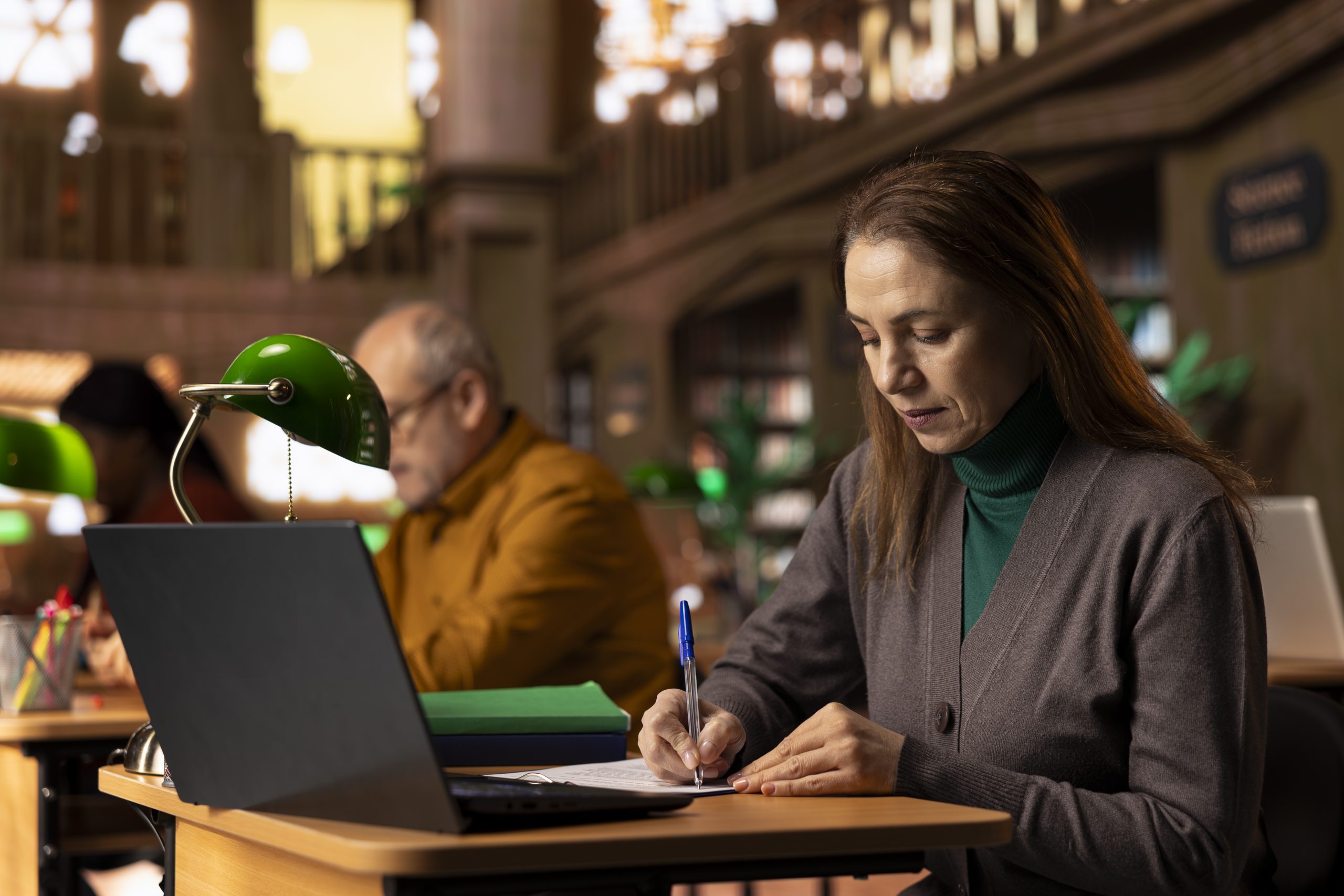 Mature adult transcribing class work and reviewing materials for her university degree, surrounded by academic archived documents and books. Quiet atmosphere of learning in study area.