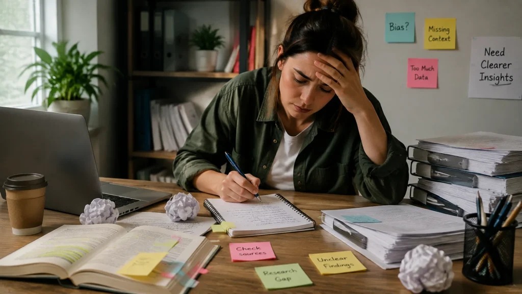 Researcher reviewing common mistakes during data analysis
