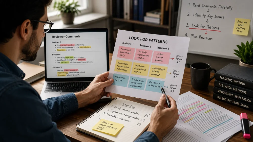 Researcher identifying patterns in reviewer comments