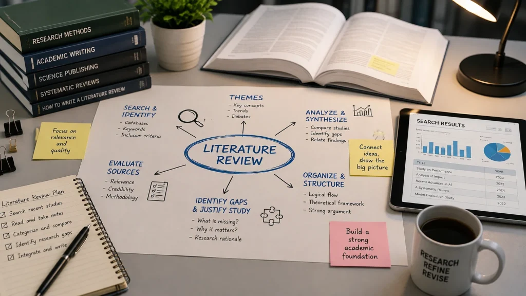 Academic literature review with research sources and identified gaps