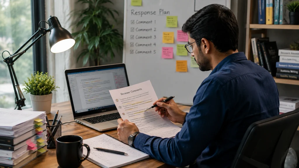 Researcher carefully reviewing and addressing multiple reviewer comments