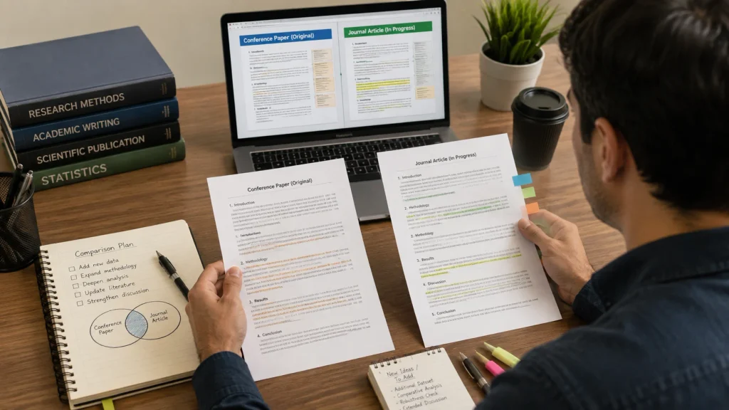 Researcher comparing a conference paper with a developing journal article