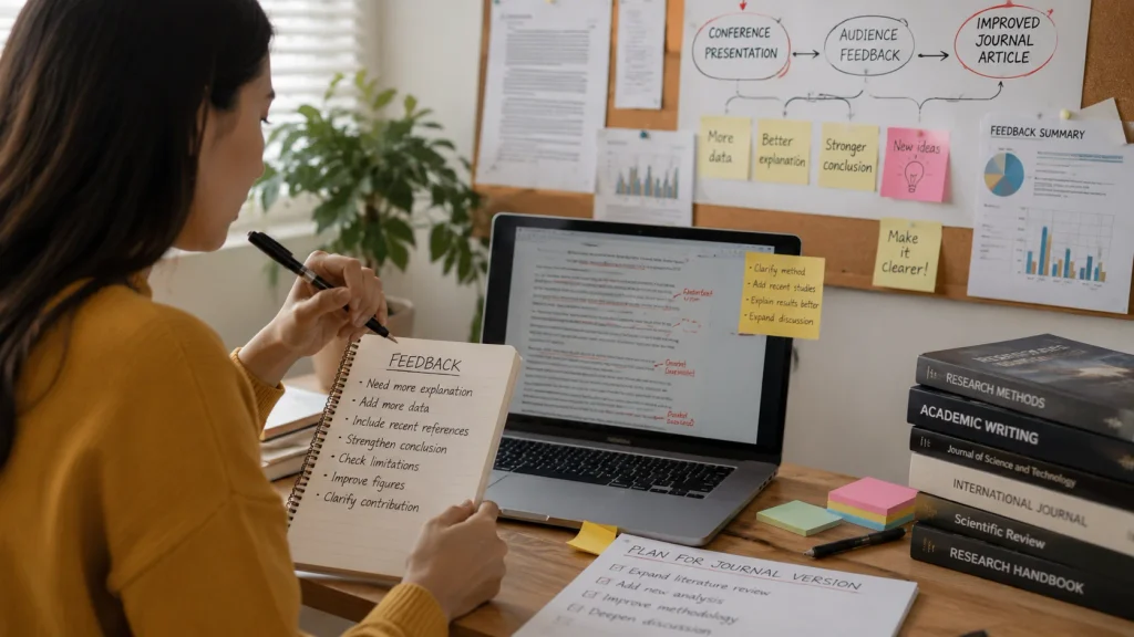 Researcher reviewing conference feedback