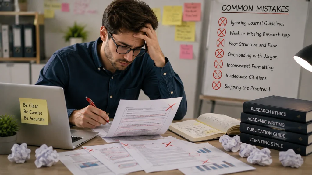 Researcher reviewing common manuscript mistakes