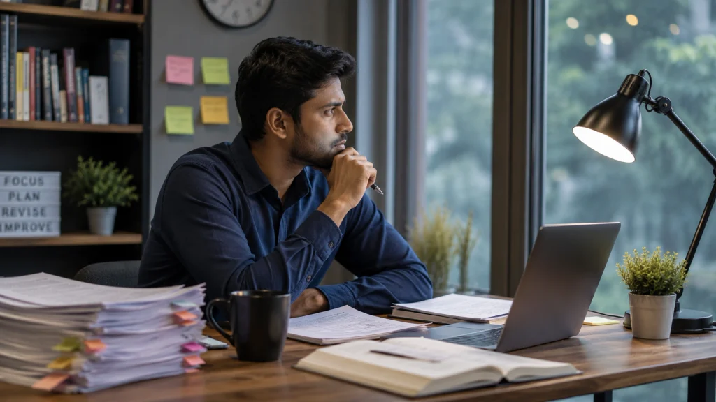 Researcher pausing to carefully consider reviewer feedback before responding