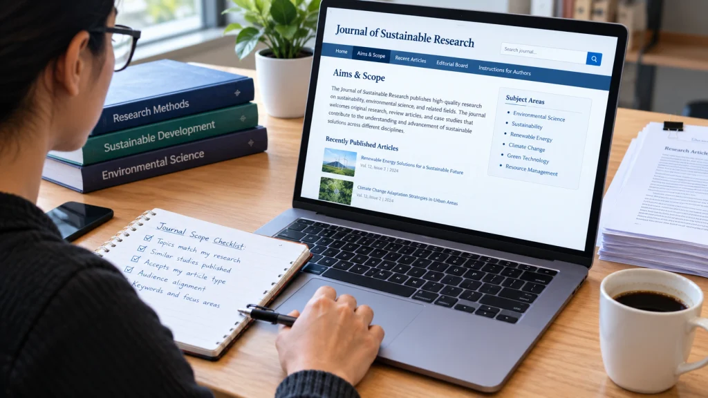 Researcher examining a journal’s aims and scope on a laptop