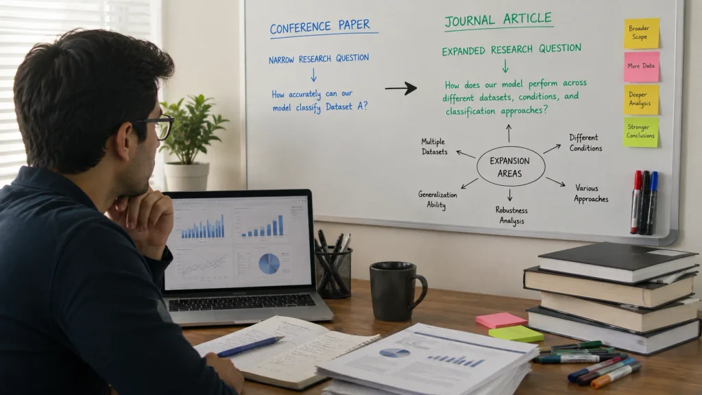 Researcher expanding a focused research question for a journal article