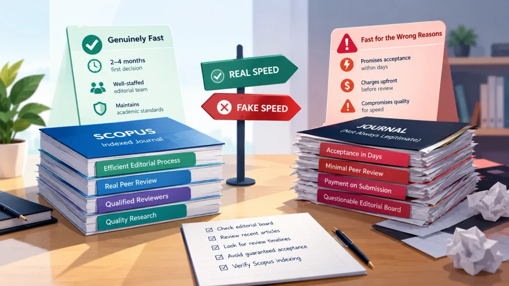Illustration comparing legitimate fast journals with predatory publishing shortcuts.