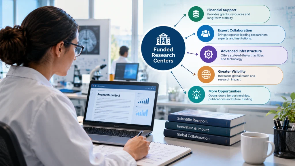 Funded research center supporting researchers with resources, collaboration, and advanced infrastructure.