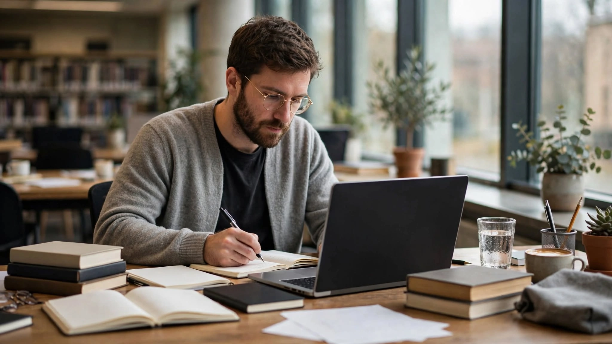 Researcher writing research assumptions in academic paper at library desk