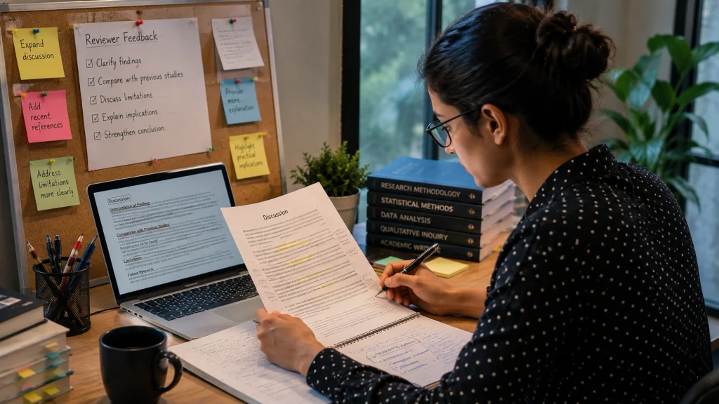 Researcher revising the discussion section of an academic manuscript after reviewer feedback
