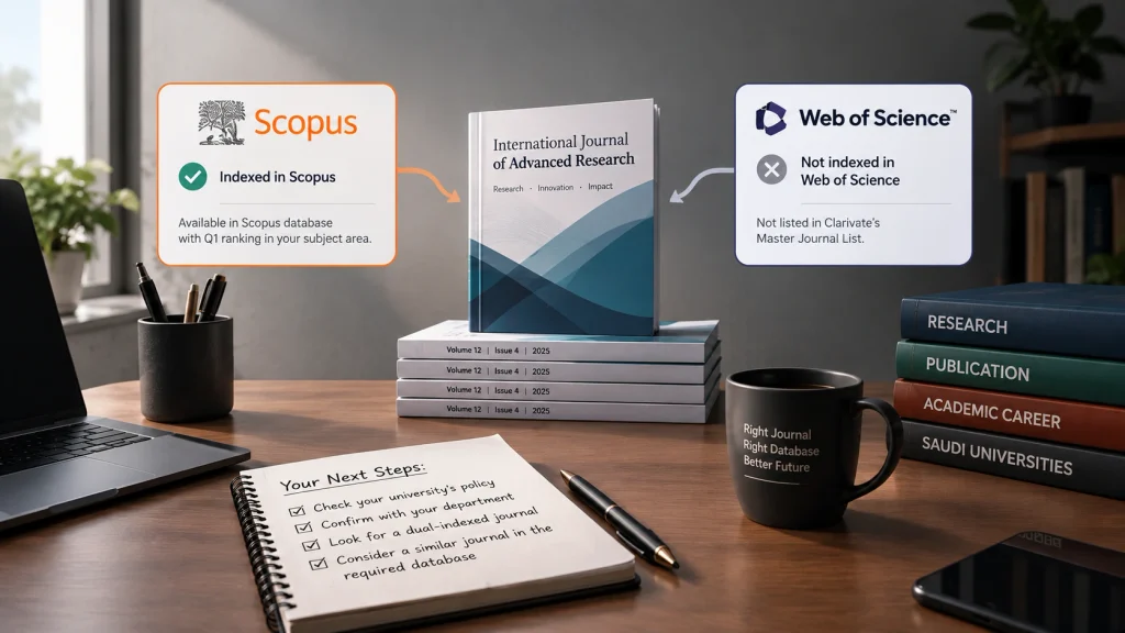 Journal indexed in Scopus but not Web of Science, showing the steps to choose the correct database.