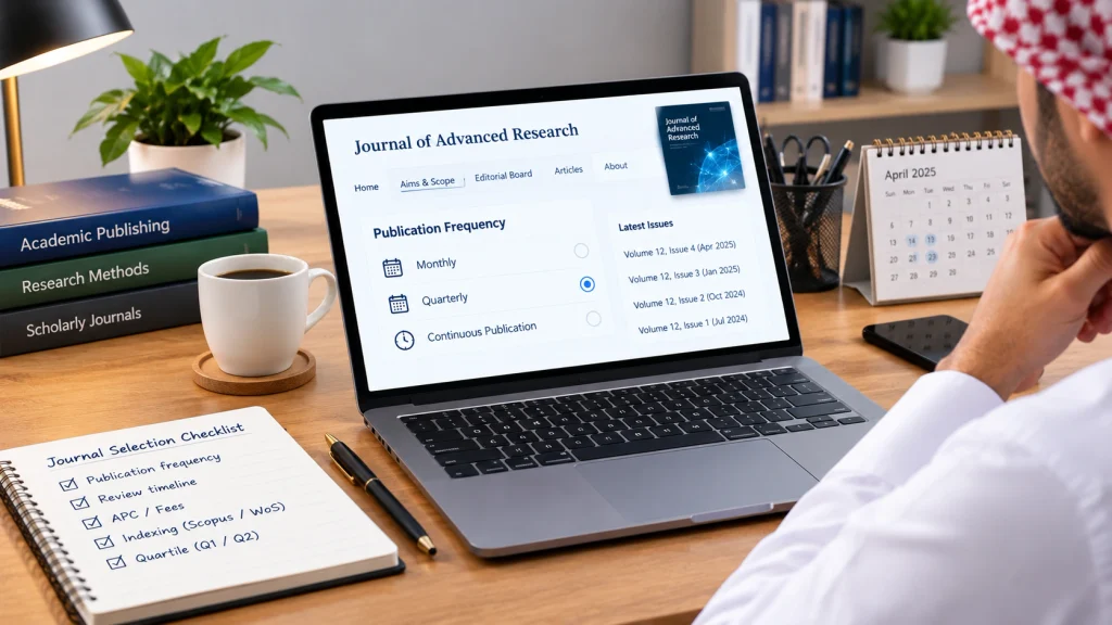 Researcher checking journal publication frequency