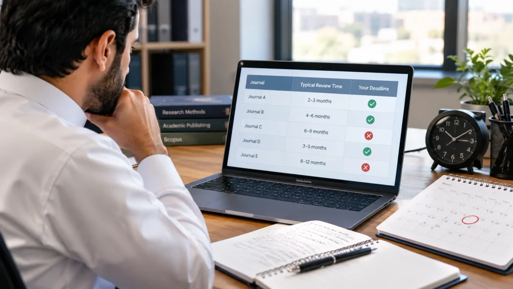 Researcher checking journal review time
