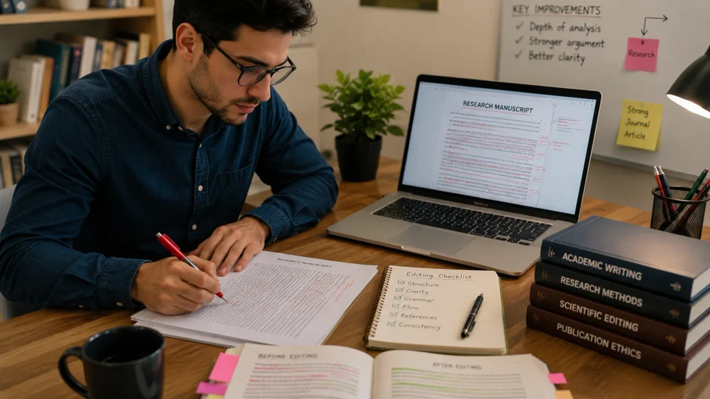Researcher editing a manuscript
