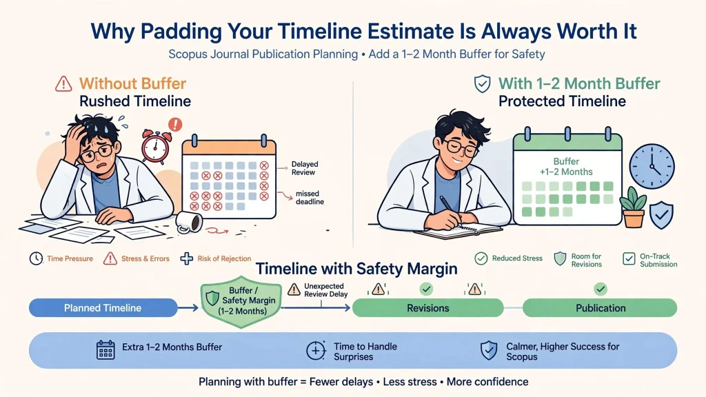 Researcher comparison showing benefits of adding 1-2 month buffer to publication timeline