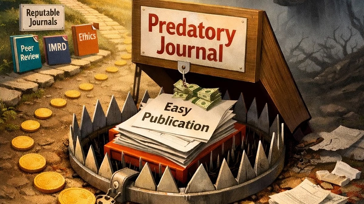 Illustration of a predatory journal bear trap labeled easy publication and money.