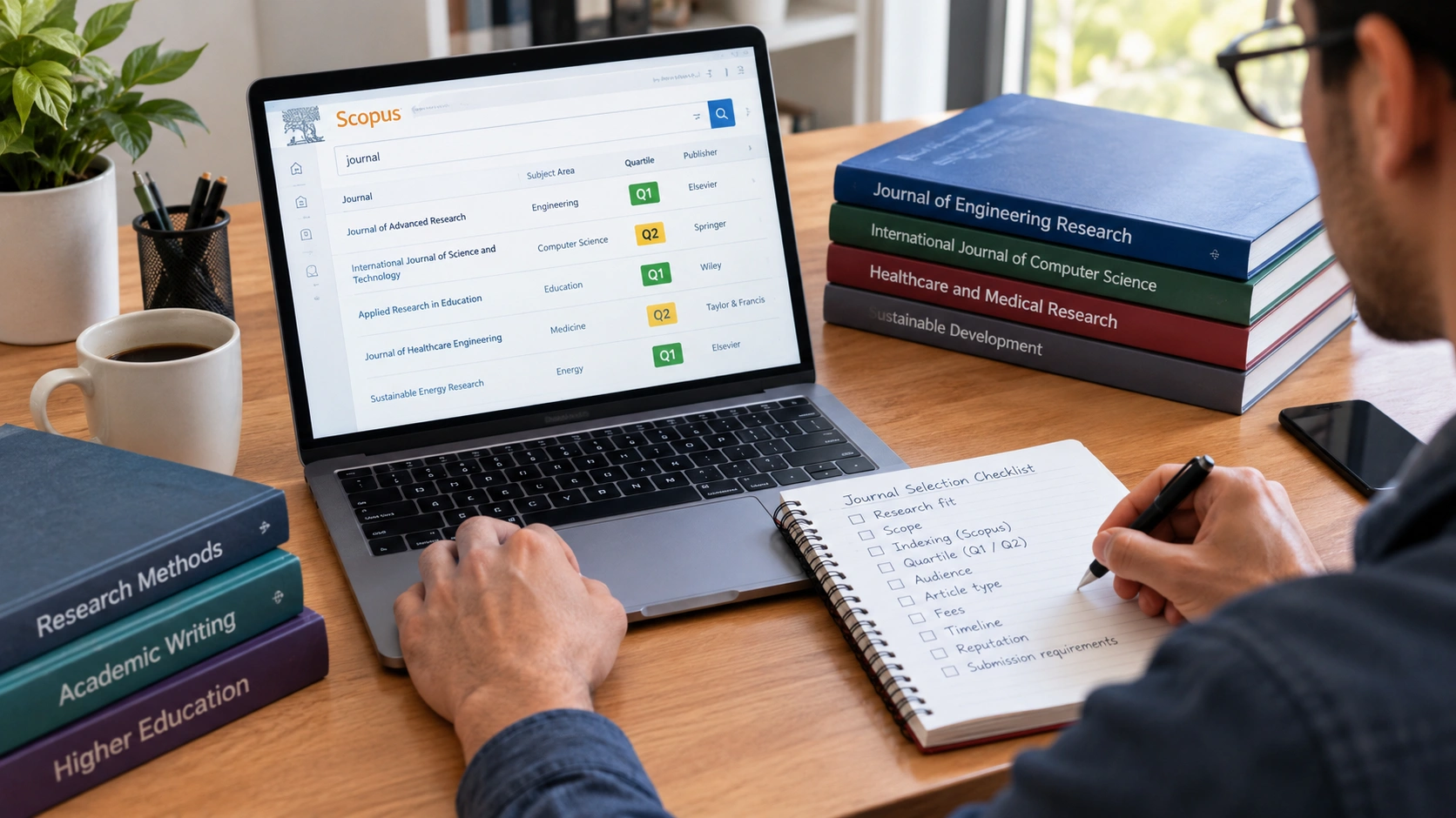 Researcher comparing Q1 and Q2 Scopus journals on a laptop
