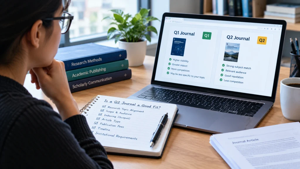 Researcher comparing Q1 and Q2 journals for research fit