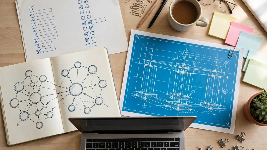 Top view of research desk with methodology sketches and blueprint planning