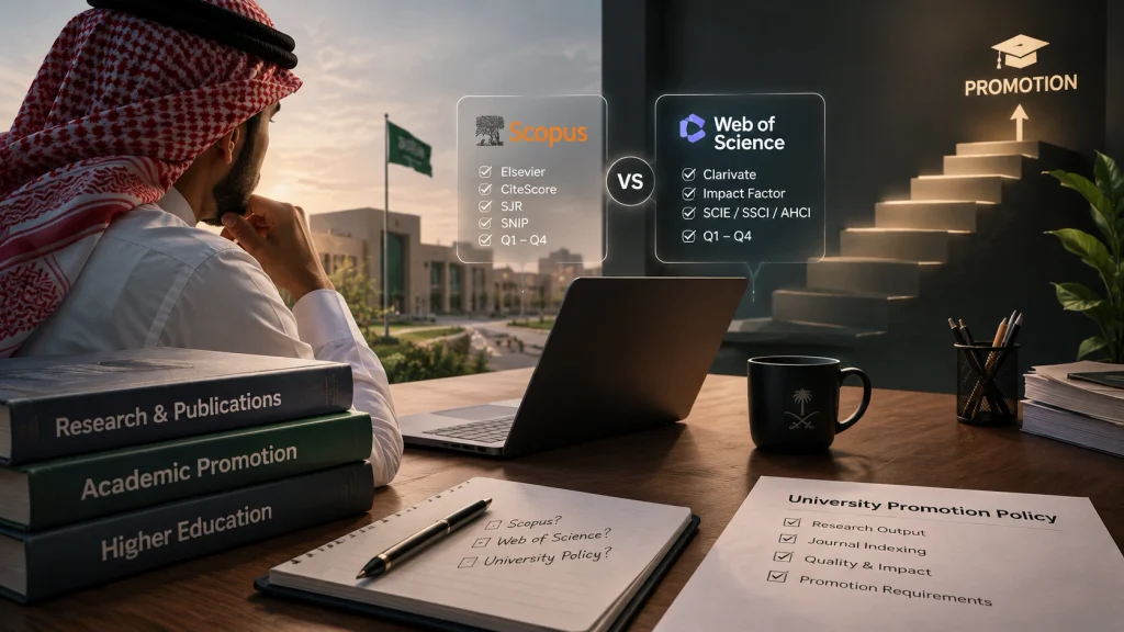 Saudi academic promotion requirements comparing Scopus and Web of Science indexing.