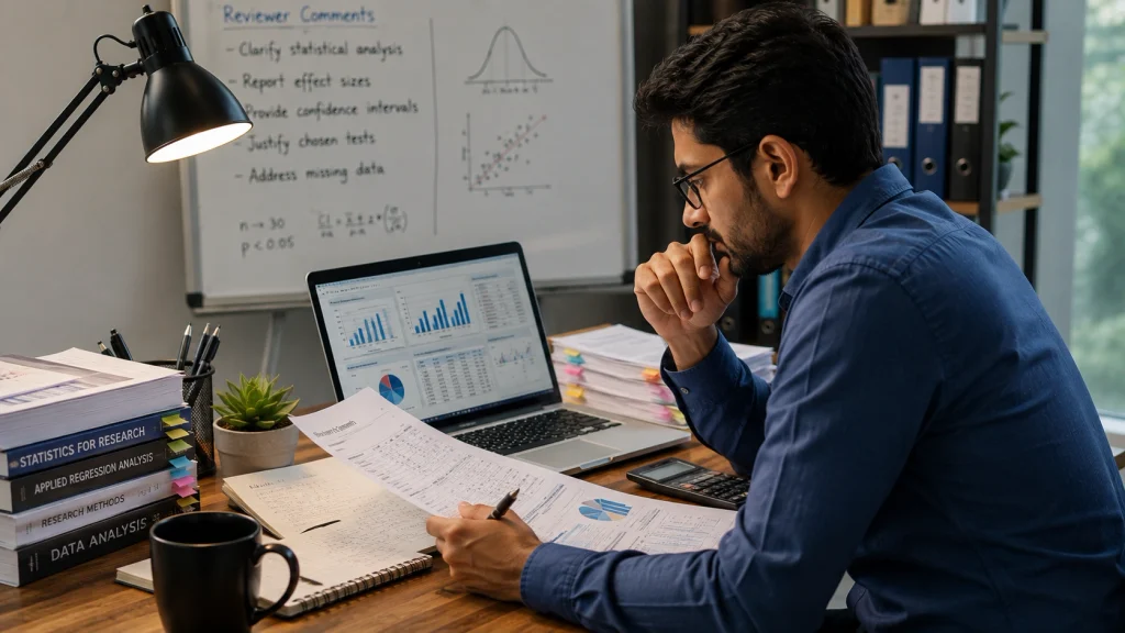 Researcher analyzing statistical data and reviewer comments on a manuscript