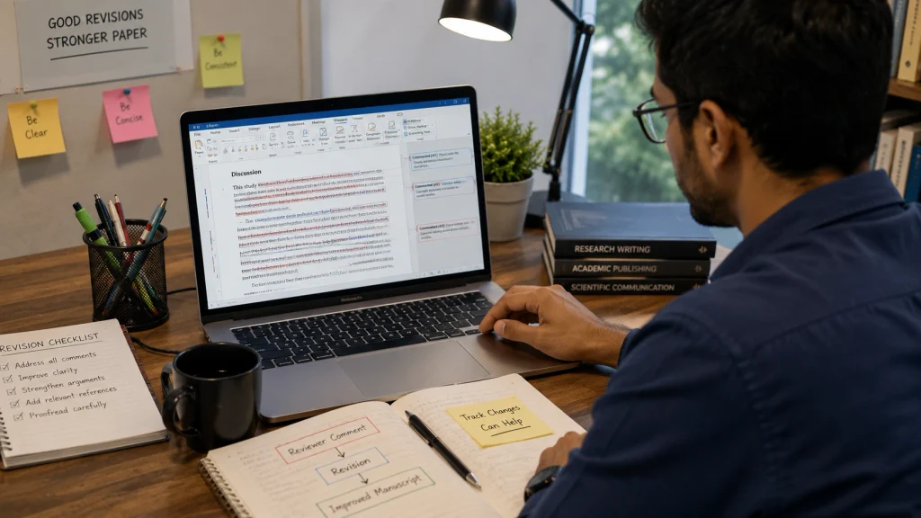 Researcher reviewing tracked changes and revisions in an academic manuscript