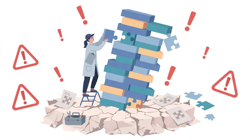 Researcher building unstable tower on weak foundation showing unsupported claims