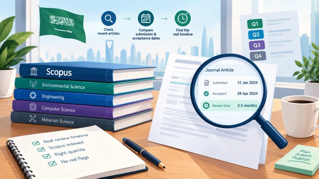 Illustration showing how to verify a Scopus journal's real review timeline.
