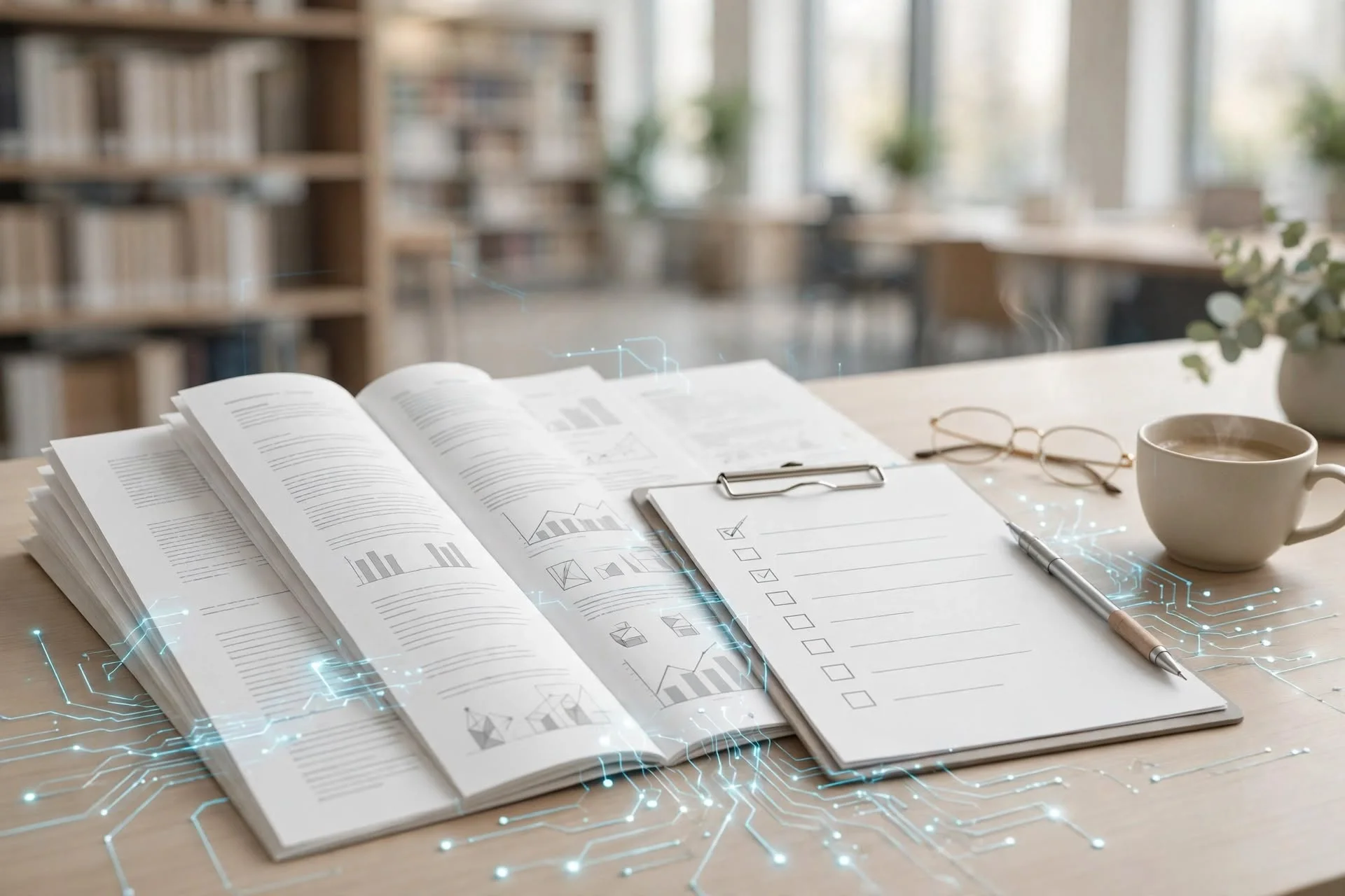 Research papers on a desk with AI circuit overlay and checklist representing AI disclosure in academic publishing