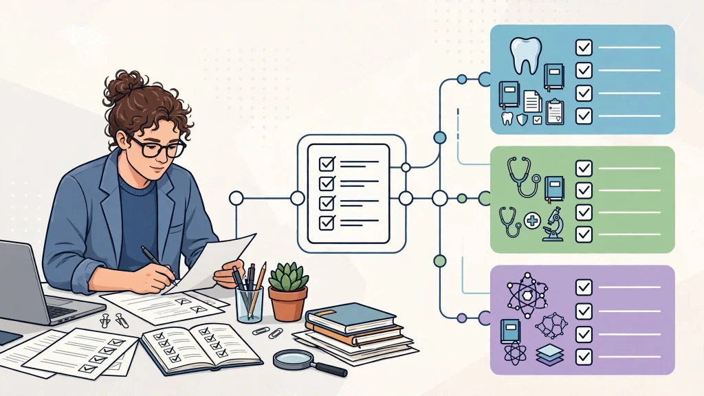 Researcher building shortlist connecting dental, medical and materials science journals with checklist