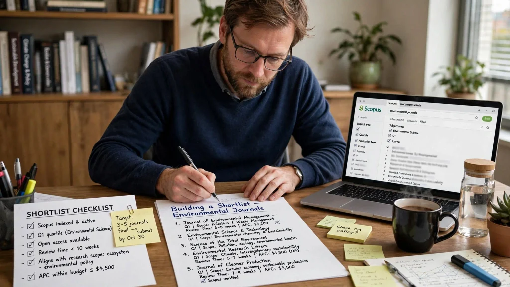 Researcher building shortlist of 5 verified environmental Scopus journals with checklist
