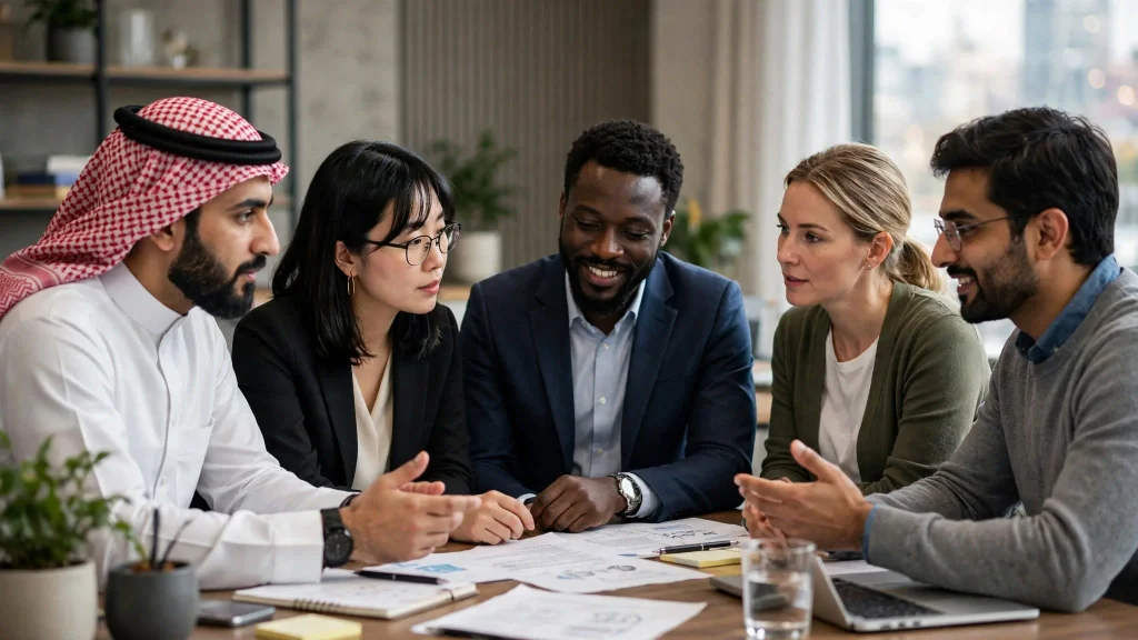 Saudi researcher collaborating with international team discussing author order