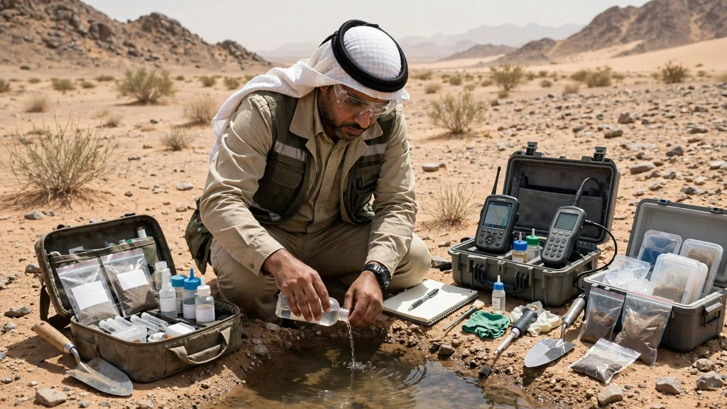 Saudi researcher collecting environmental samples with quality control and calibration equipment